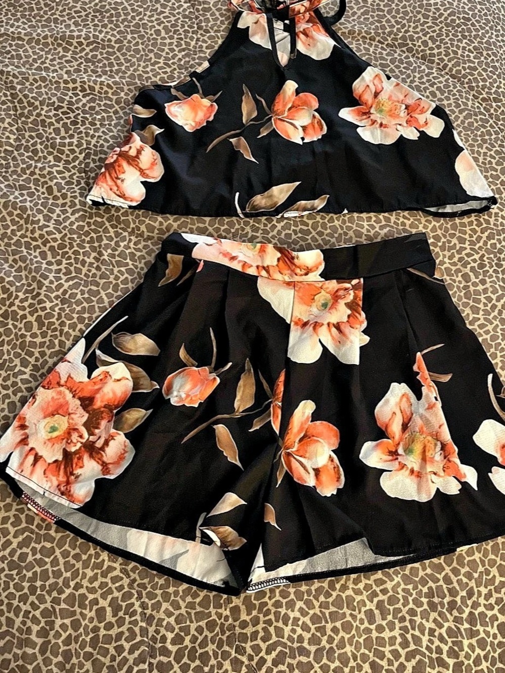 Floral Two-Piece Short Set in Black & Orange Brand New